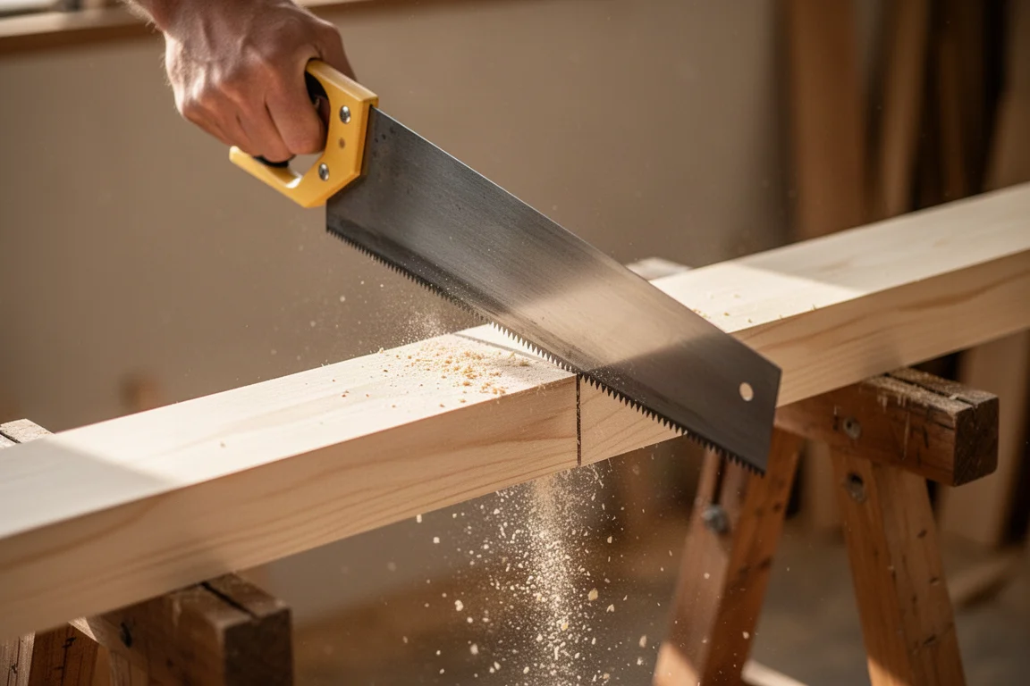 Restored Japanese saw cutting smoothly through a piece of softwood