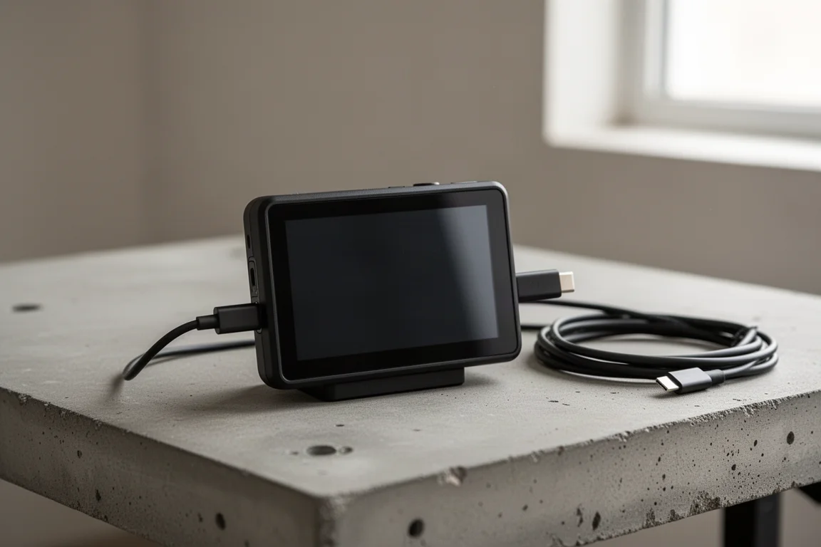 Losneembare inspectiecameramonitor met USB-C oplaadkabel op een werkbank