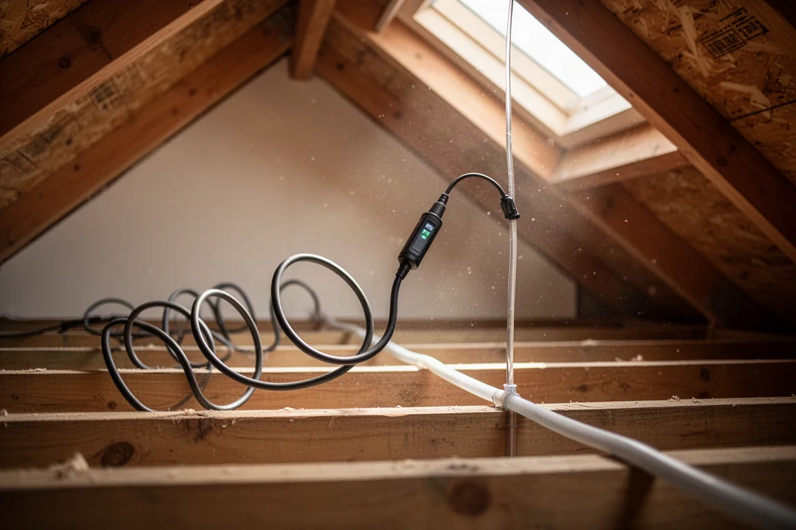 Camerakop inspecteert een condensafvoerlijn van HVAC die door dakspanten loopt