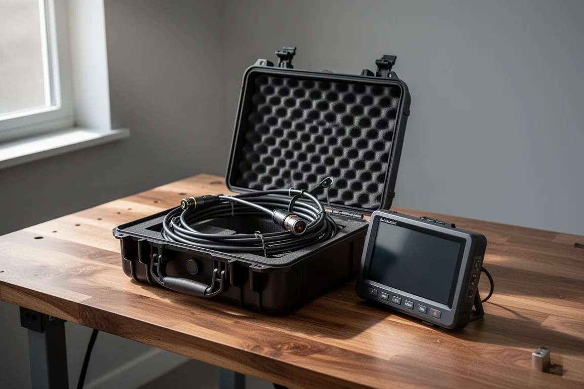 Compact sewer inspection camera system with carry case, cable, and detachable screen on a workbench