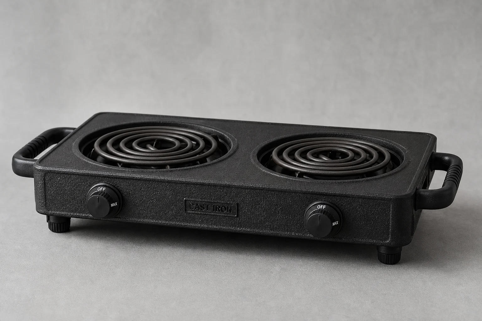 Cinq réchauds électriques portables présentés sur une surface en béton gris