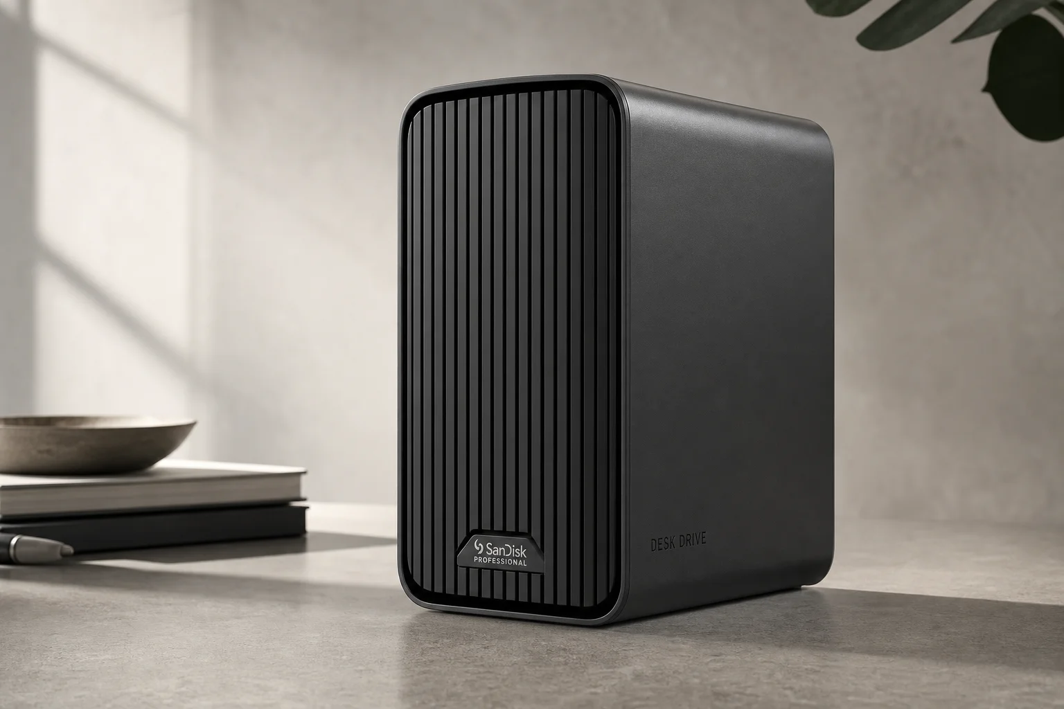 Mac-dator med extern SSD och hårddisk på ett skrivbord
