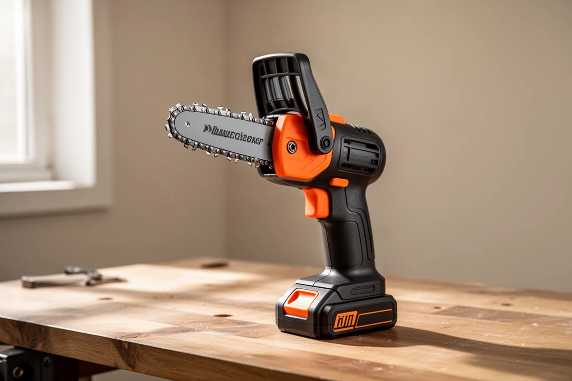 Sandlogic mini chainsaw with battery pack on a wooden workbench