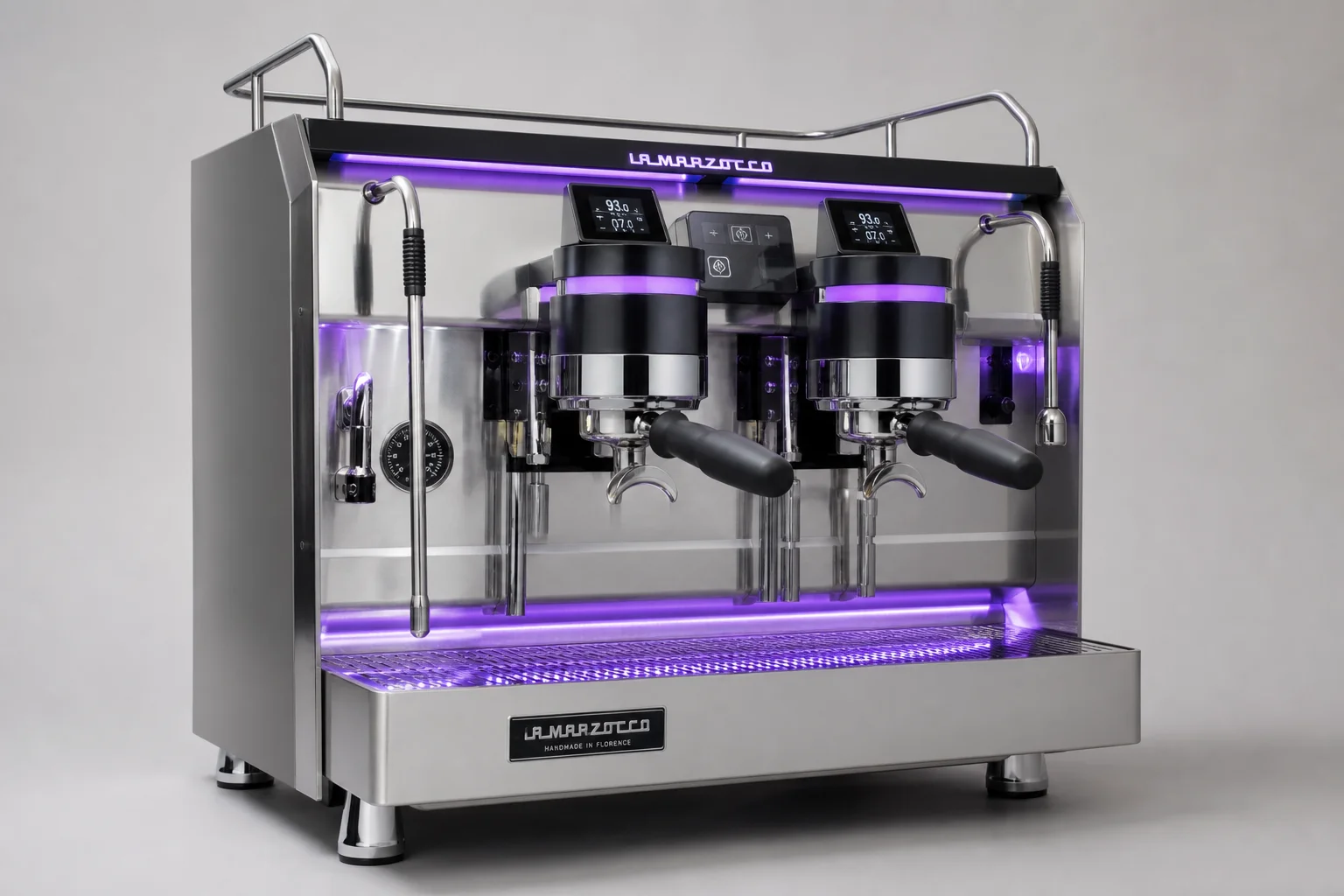 Three espresso machines: Rocket Boxer, Sanremo Zoe, and Wega Polaris on grey surface