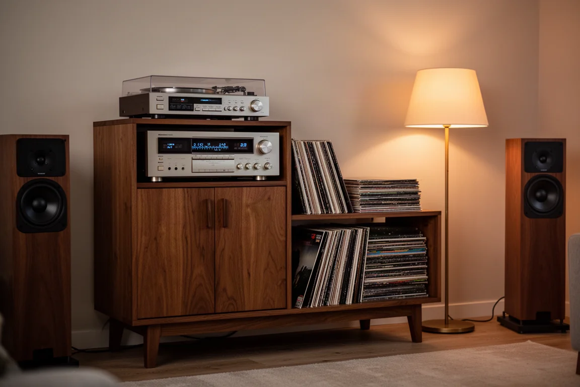 Hörplatz im Wohnzimmer mit einem Vintage-Receiver auf einer Holzkonsole und Schallplatten in der Nähe