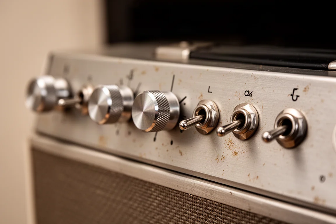 Nahaufnahme von gebürsteten Aluminium-Drehknöpfen und Kippschaltern an der Frontplatte eines Vintage-Receivers