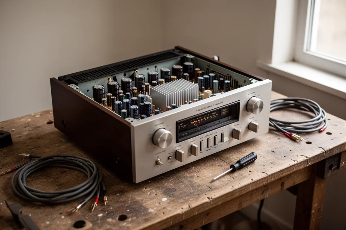 Vintage-Stereo-Receiver auf einer Holzwerkbank mit abgenommener Abdeckung und daneben aufgerollten Kabeln