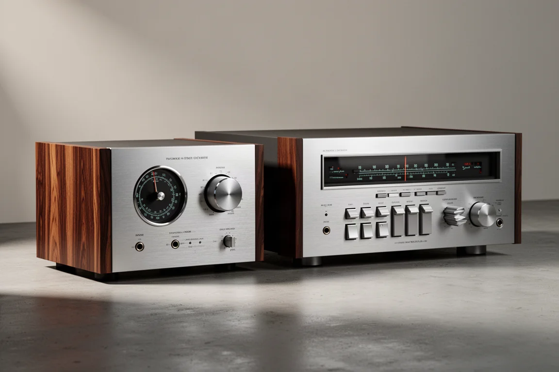 Two large vintage stereo receivers with silver front panels side by side on a concrete surface