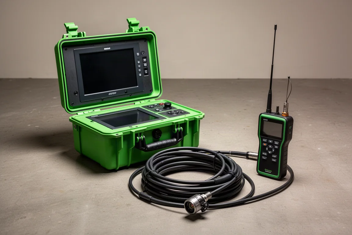 Sewer inspection camera kit with green case, coiled cable, and pipe locator on concrete floor