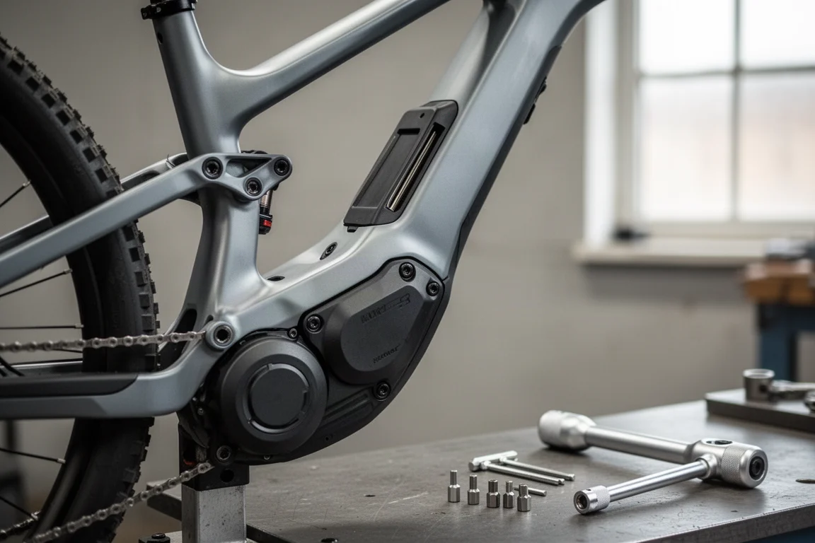 工坊维修架上 e-MTB 下管与电机外壳的特写