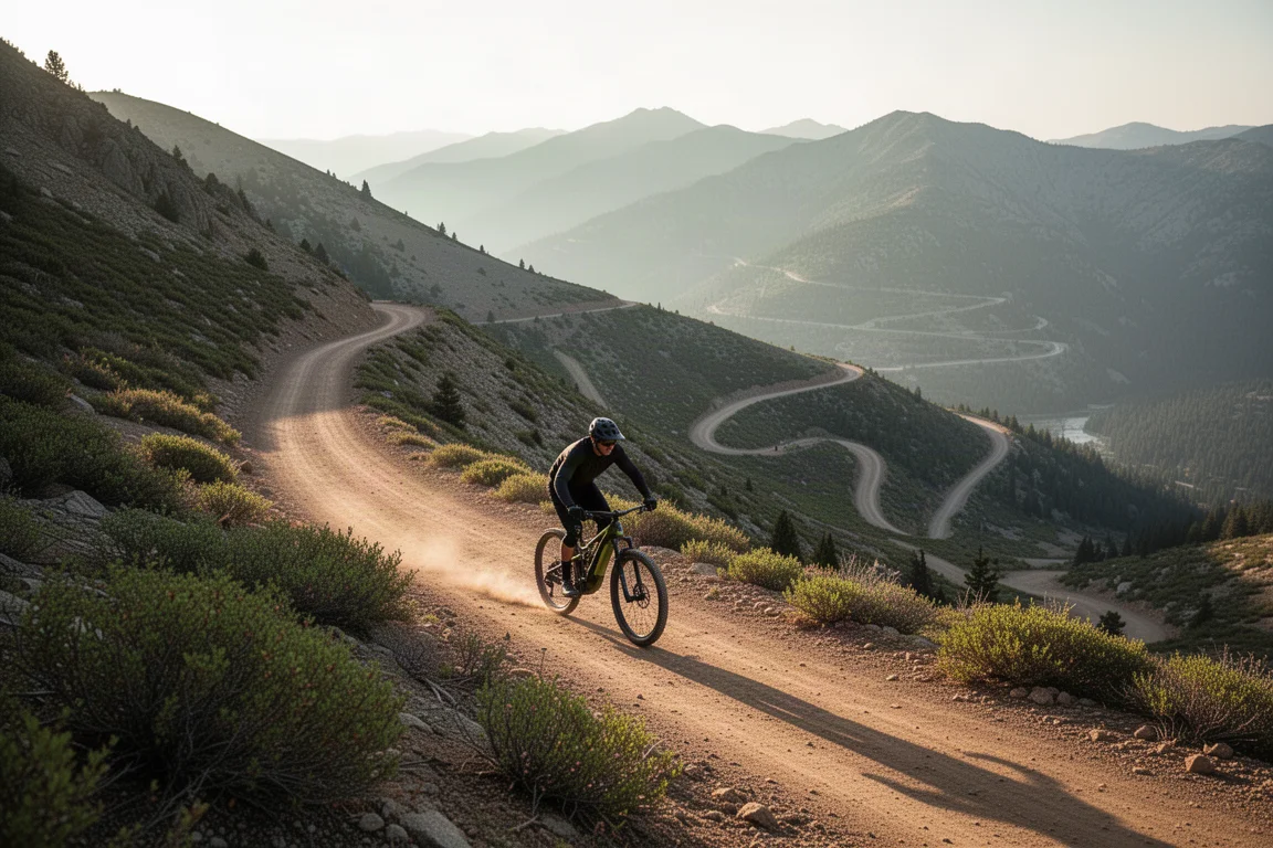 夕阳低照下,e-MTB 骑手骑上漫长陡峭的山地防火道
