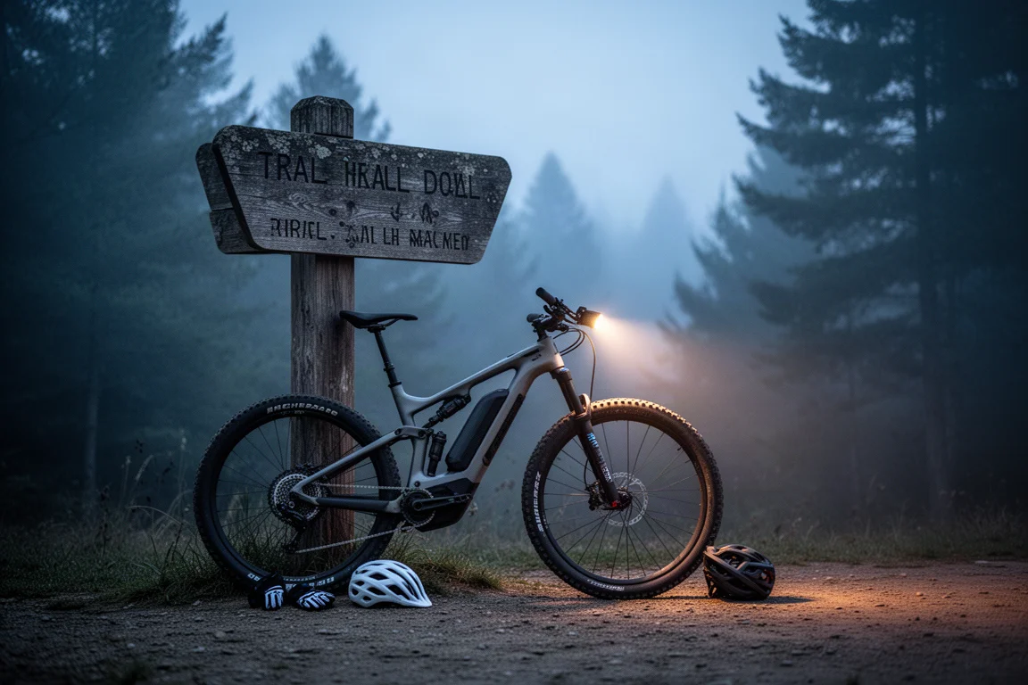 黄昏时一辆 e-MTB 斜靠在木制林道入口柱上,旁边有头盔和手套
