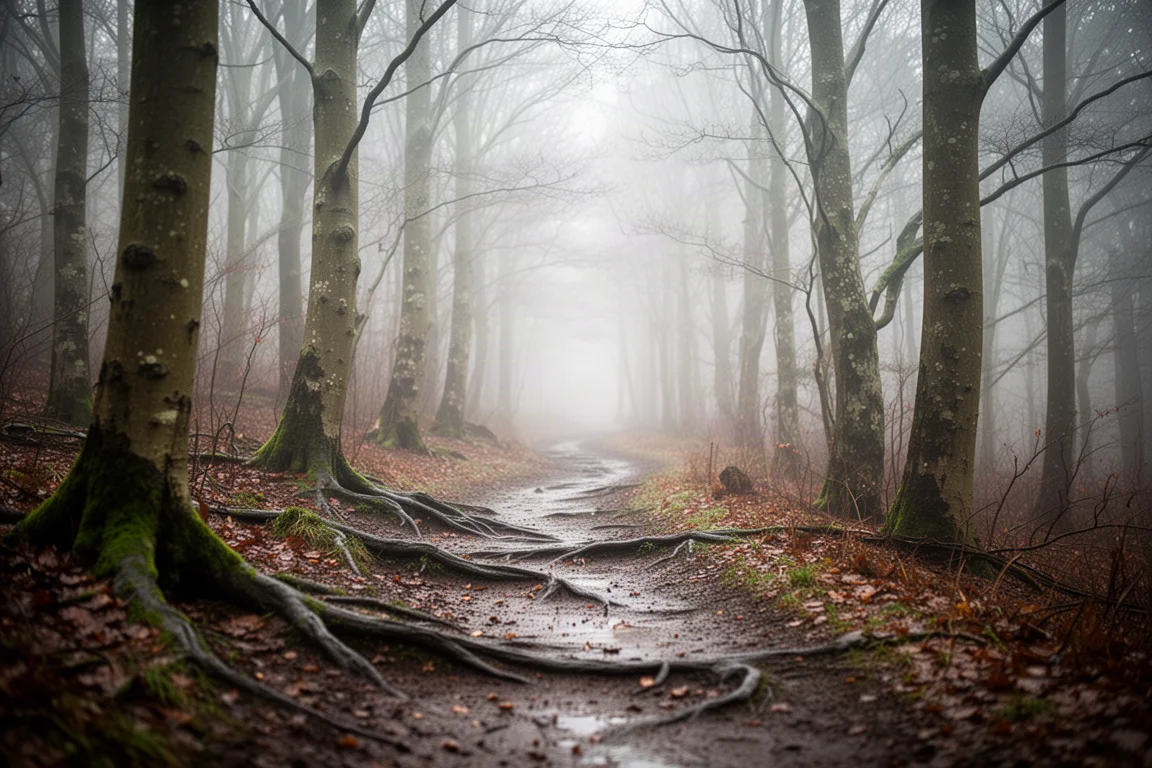 Sentiero boschivo invernale bagnato con alberi spogli, radici umide e nebbia bassa