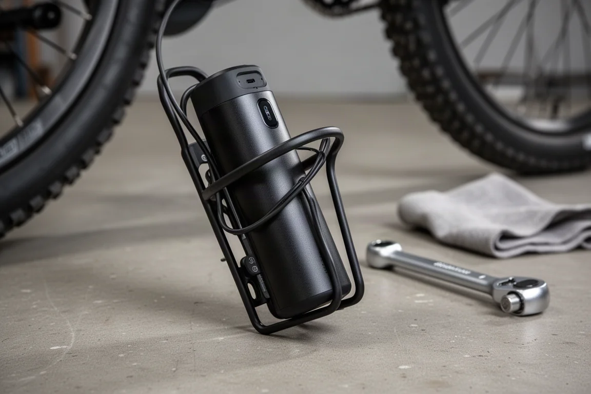Batteria range extender compatta montata nel porta-borraccia del telaio di una bici