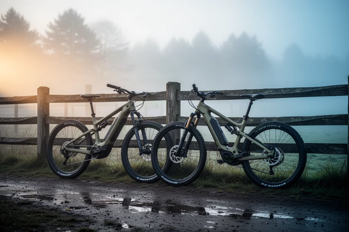Due mountain bike elettriche appoggiate a una staccionata di legno all'inizio di un sentiero nella nebbia
