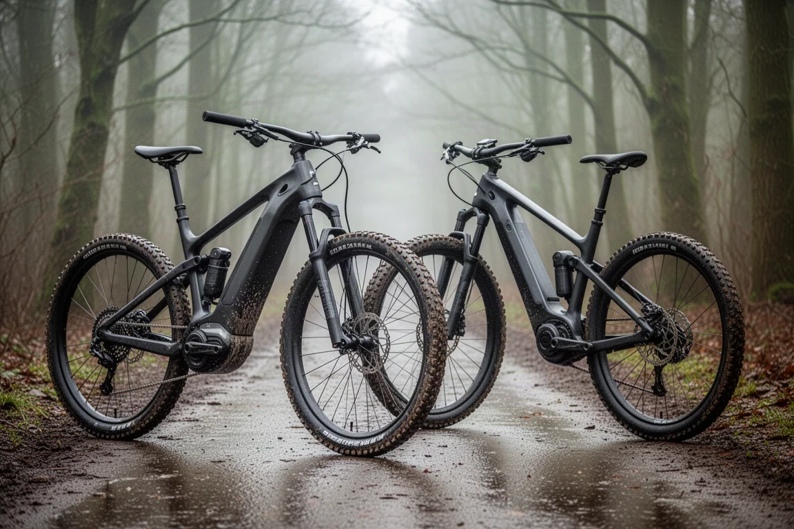 Twee lichtgewicht elektrische mountainbikes met carbonframe naast elkaar op een nat bospad