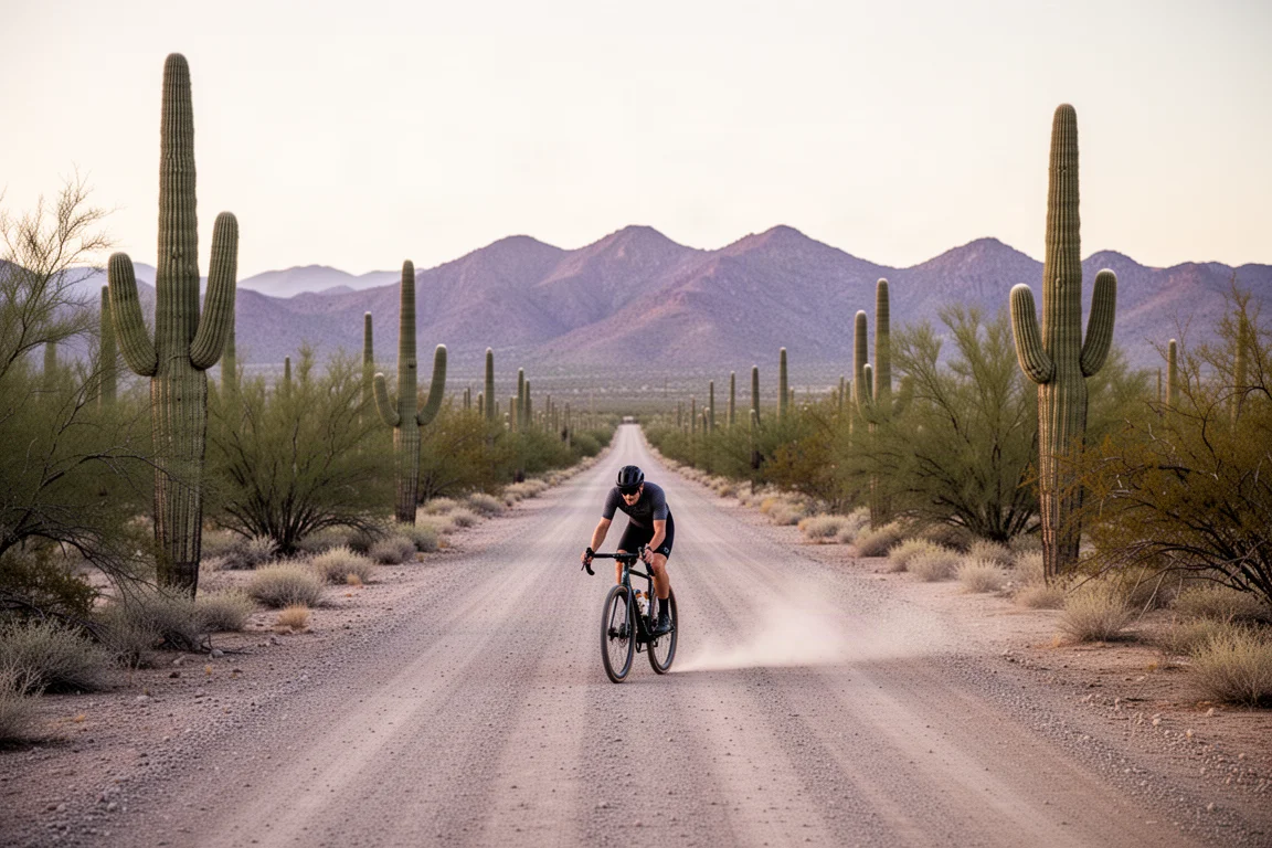 Rowerzysta gravelowy jadący długą, prostą pustynną drogą obsadzoną kaktusami saguaro