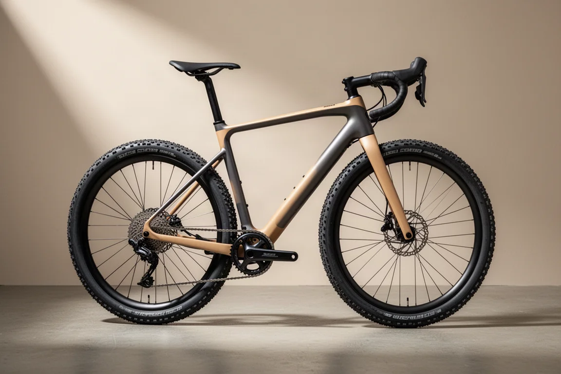 Bicicleta gravel de manillar de carretera con cuadro fino mate y neumáticos anchos sobre una superficie de hormigón