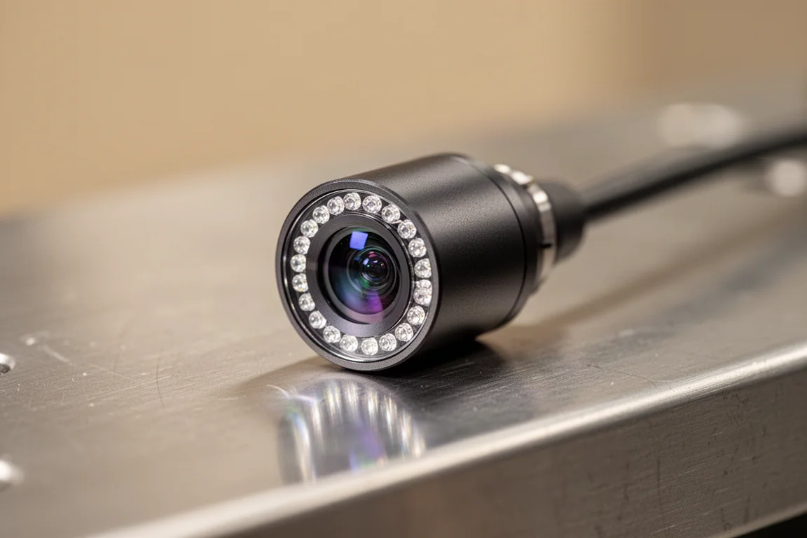 Cabeza flexible de cámara de inspección con anillo LED sobre un banco de trabajo