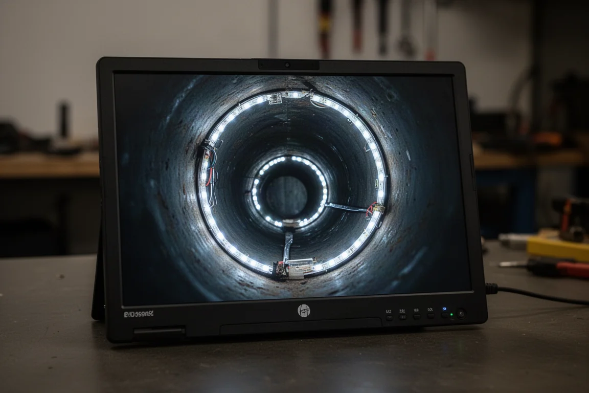 Pantalla del monitor mostrando una vista en vivo del interior de una tubería oscura