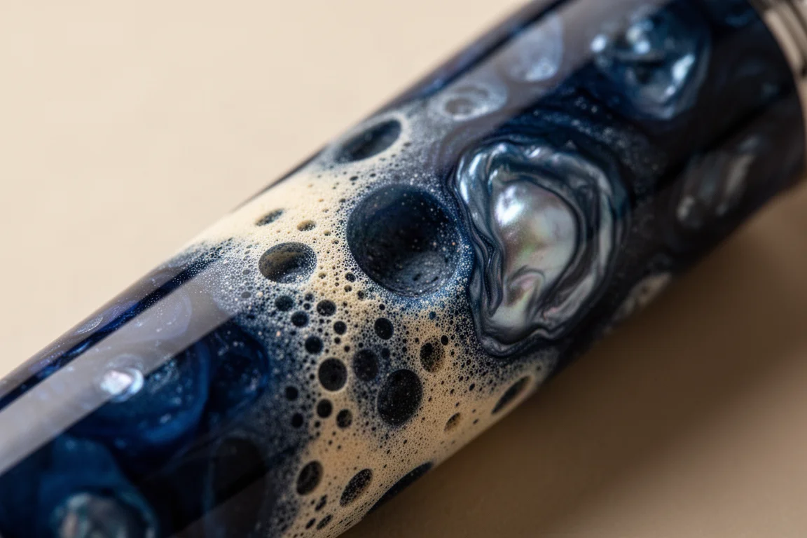 Dunkelblaues Resin mit kraterartiger Textur und dezenter Perlmuttschimmer auf dem großen Füllhalter-Schaft