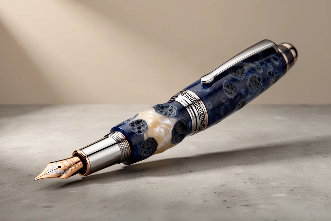 Grande stilografica in resina blu con finiture rodiate appoggiata in piedi su una superficie di cemento
