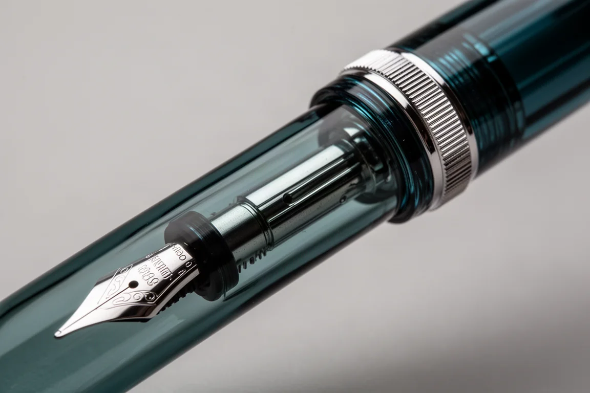 Fountain pen nib extended with dropper and ink bottle during filling