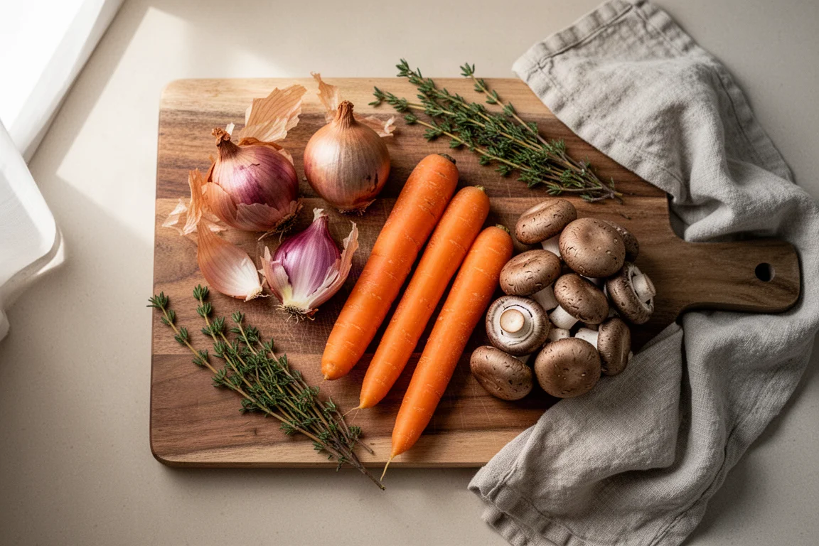 Chalotas, zanahorias y champiñones frescos dispuestos sobre una tabla de cortar de madera