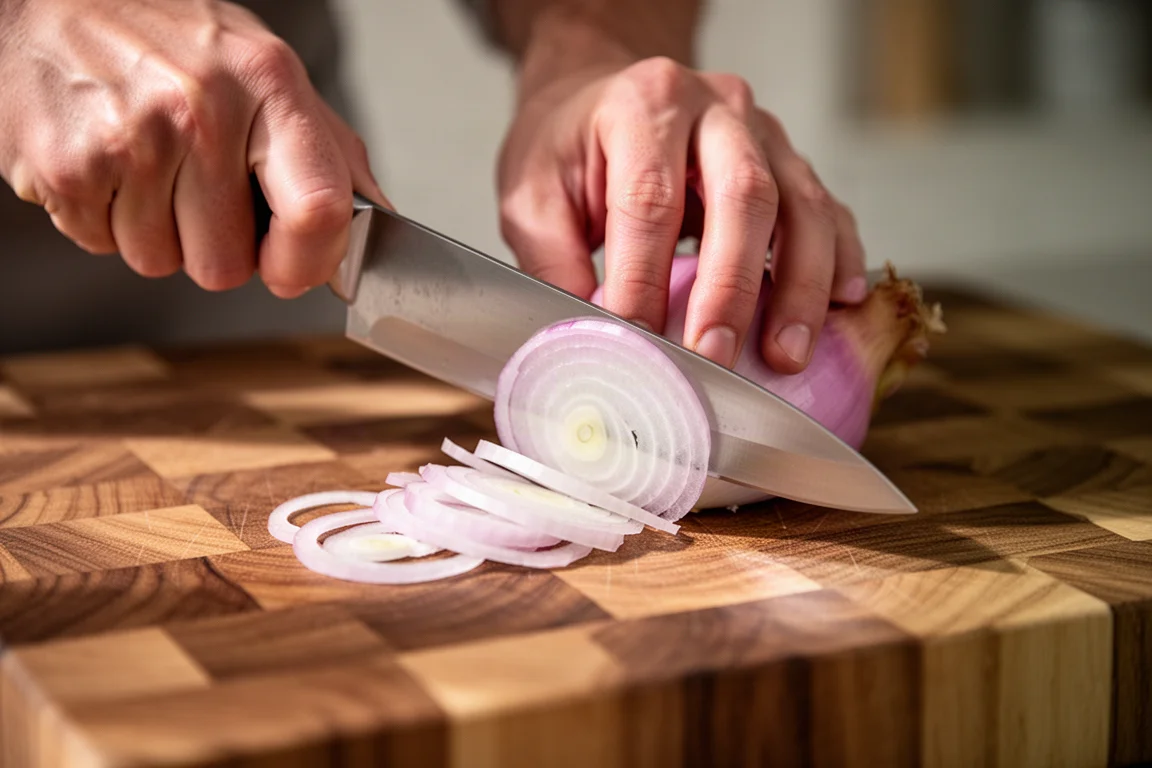 Un chef cortando una chalota en rodajas finas sobre una tabla de cortar