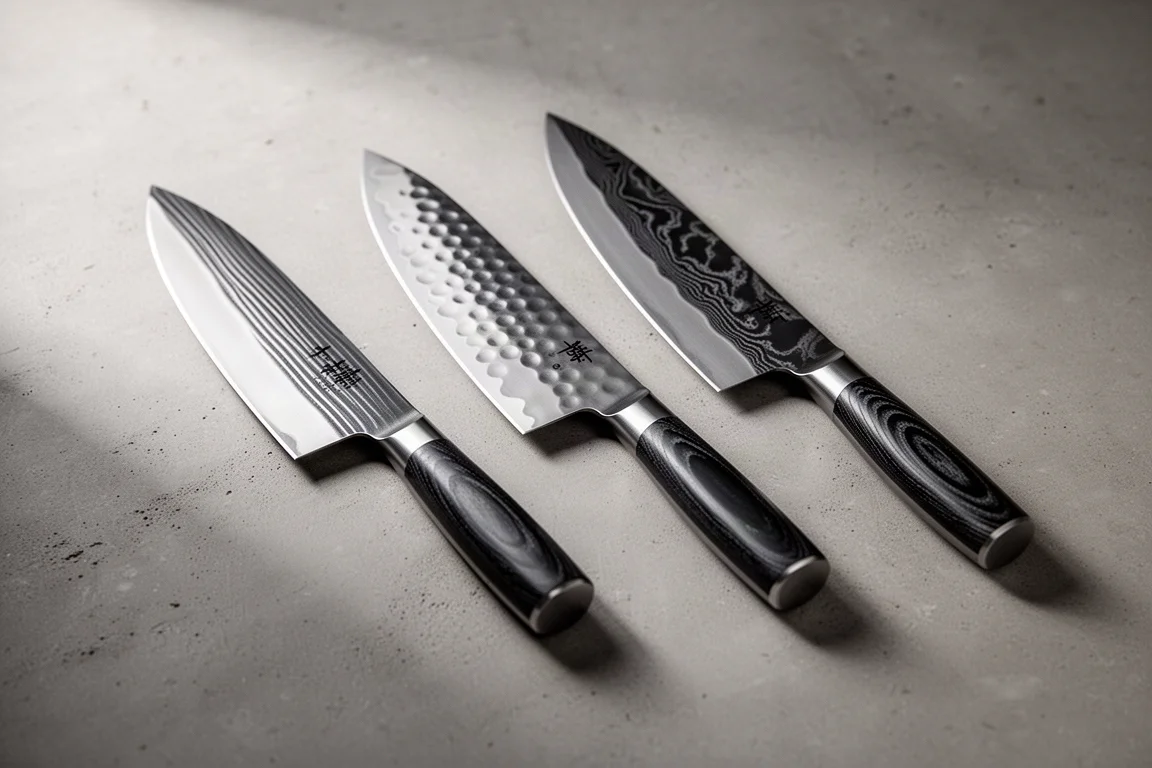 Three Japanese santoku knives with different blade finishes lined up on a concrete surface