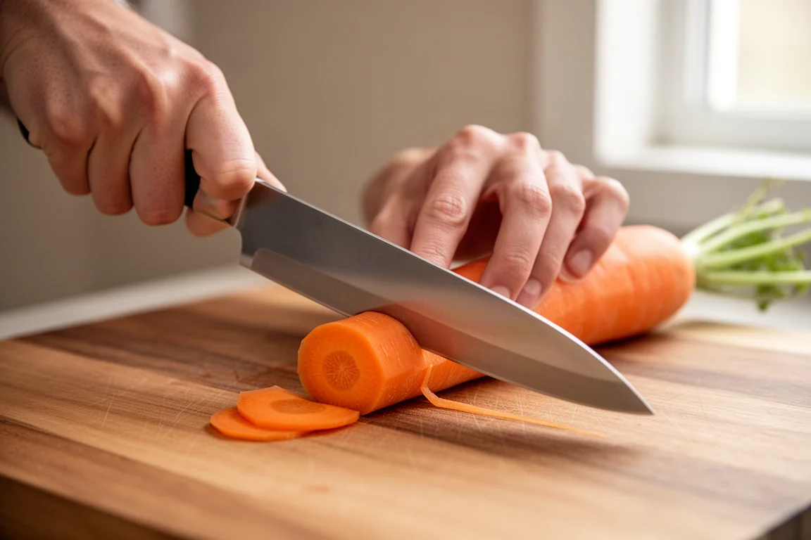Cocinero cortando una zanahoria con un cuchillo japonés largo mediante un corte deslizante