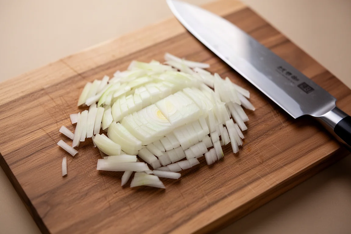 Cebolla en dados sobre una tabla de cortar de madera junto a un cuchillo de cocina