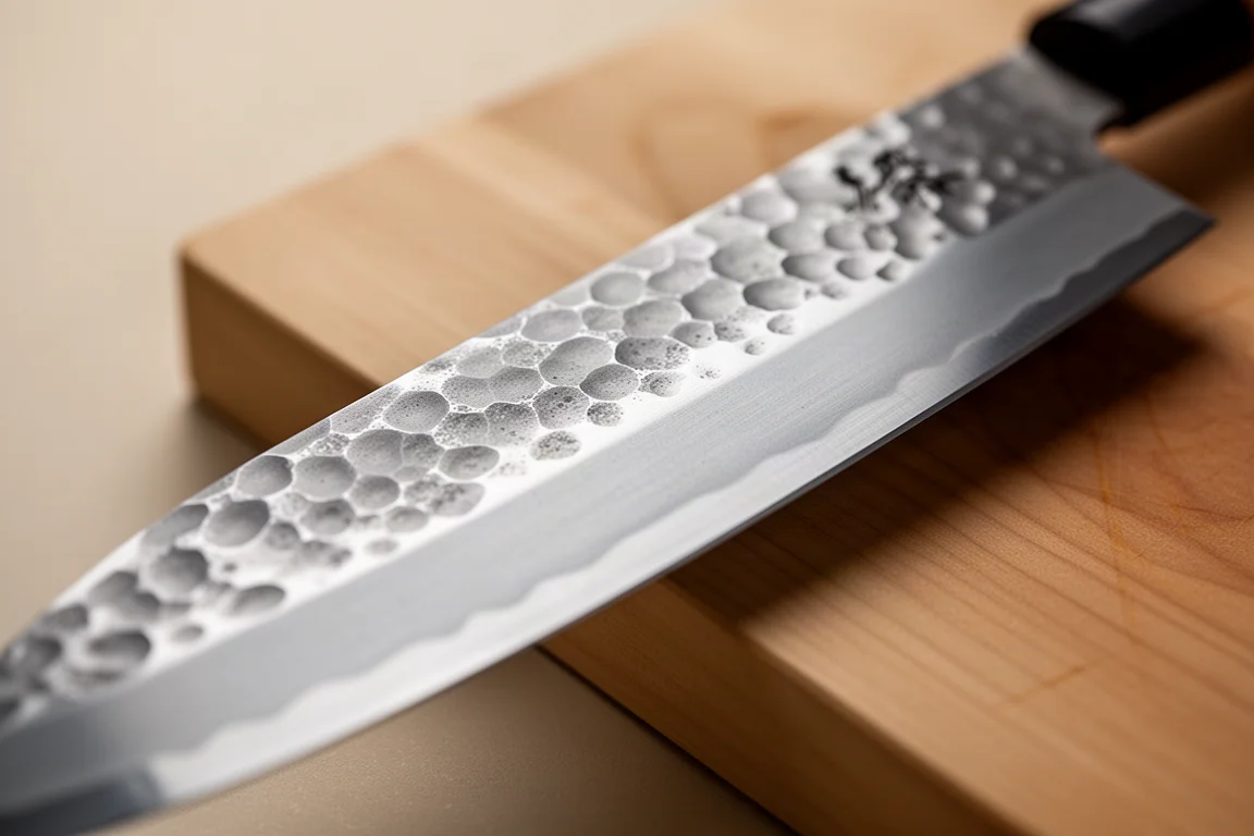 Detalle de la hoja afilada de un cuchillo con textura martillada bajo luz suave