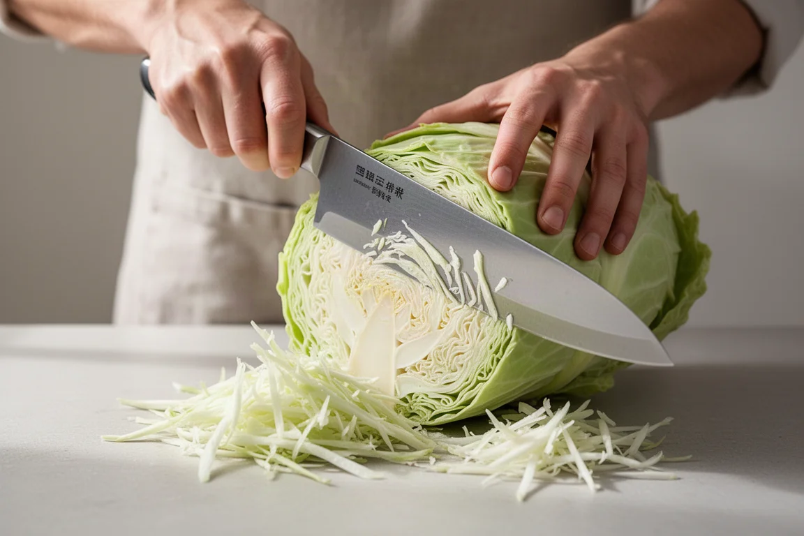 Cocinero casero cortando una col grande en la encimera de la cocina