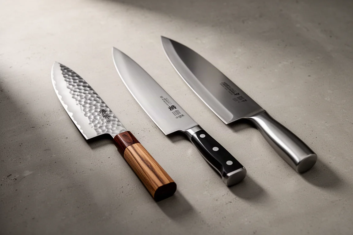Three Japanese kitchen knives side by side on a concrete surface