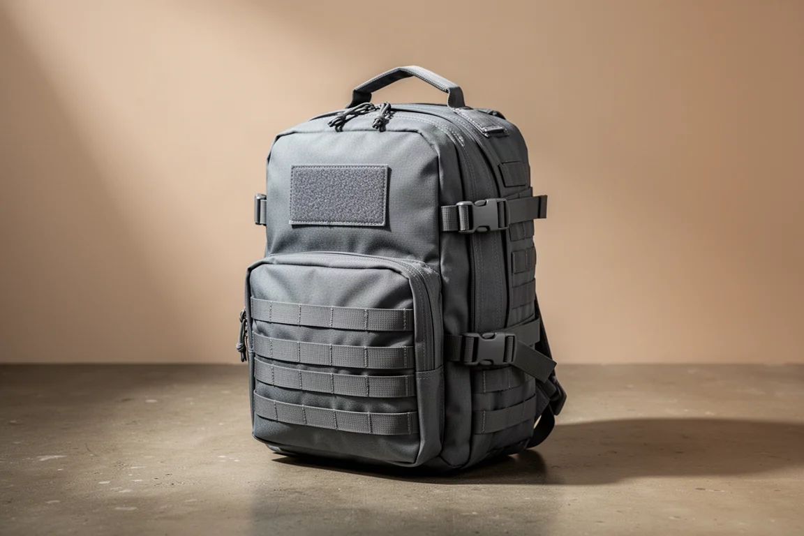 Gray 20 litre tactical style backpack with PALS webbing standing on concrete