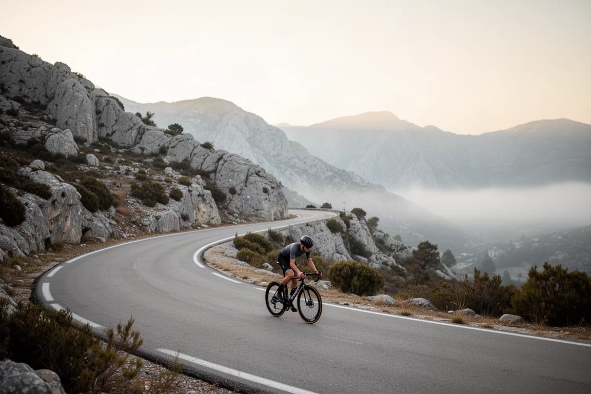 Ciclista su strada che pedala su una bici custom scura lungo un passo di montagna deserto all'alba