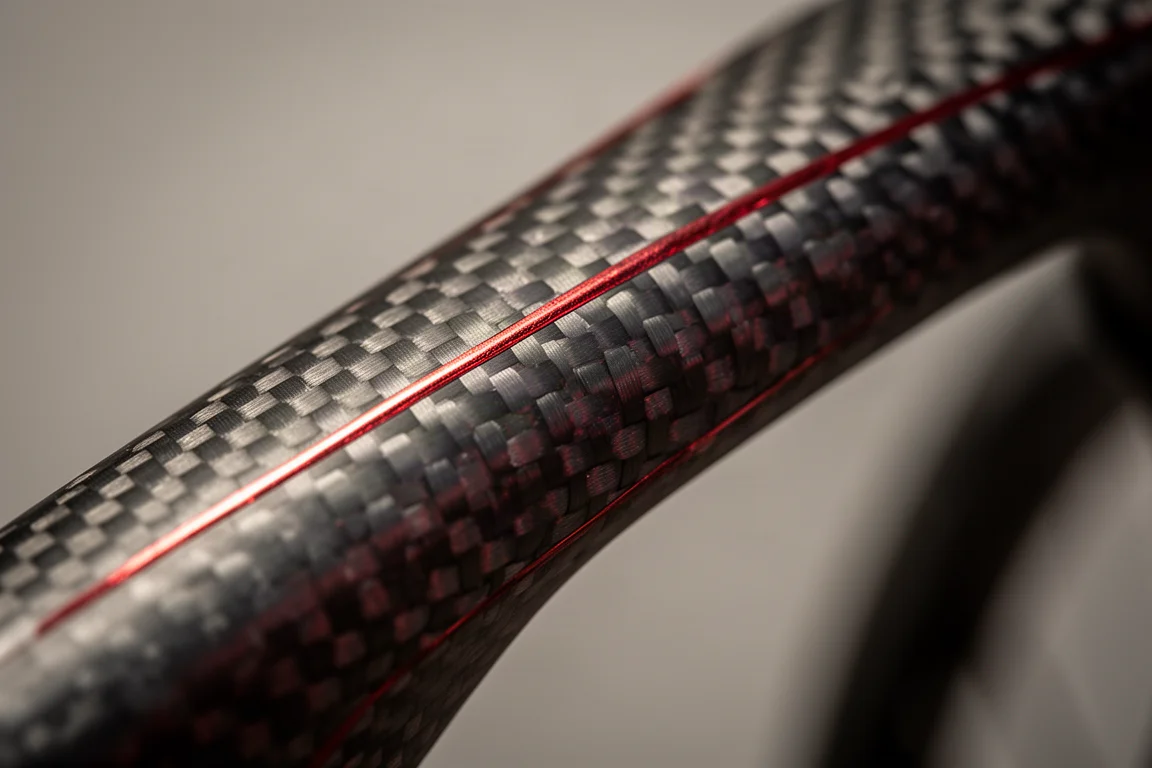 Dettaglio macro di trama in fibra di carbonio attraversata da un sottile filamento metallico rosso
