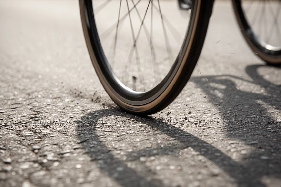 Pneumatico da bici da strada che rotola su asfalto ruvido in luce soffusa