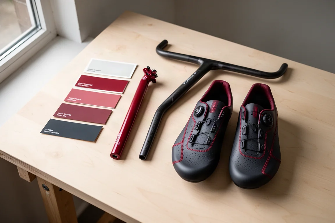 Flat-lay di campioni di vernice, reggisella, manubrio e scarpe da ciclismo con cuciture rosse su un banco da lavoro