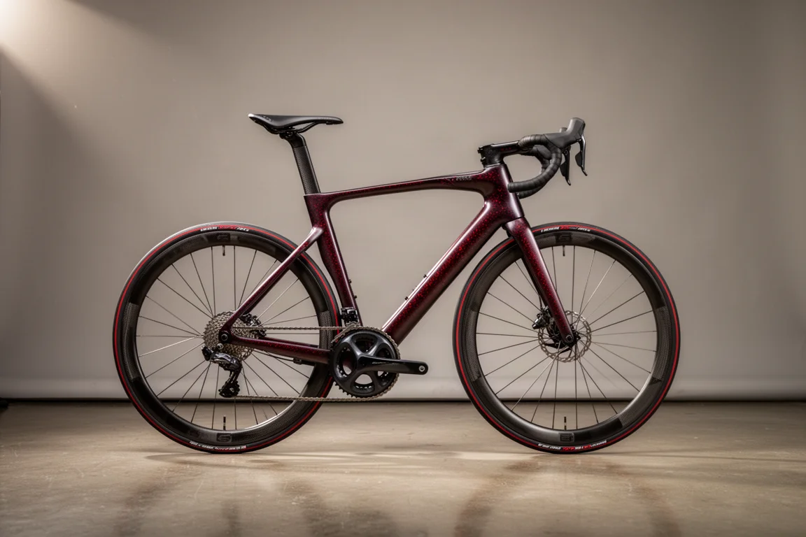 Hand-built carbon road bike in custom paint with red filament detail on a grey backdrop
