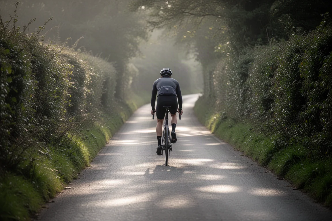가파르고 좁은 아스팔트 길에서 안장에서 일어나 오르는 사이클리스트