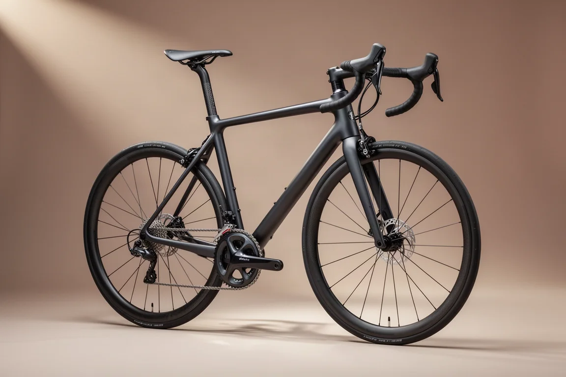 Bici de carretera de carbono ultraligera con cockpit integrado sobre un fondo gris neutro