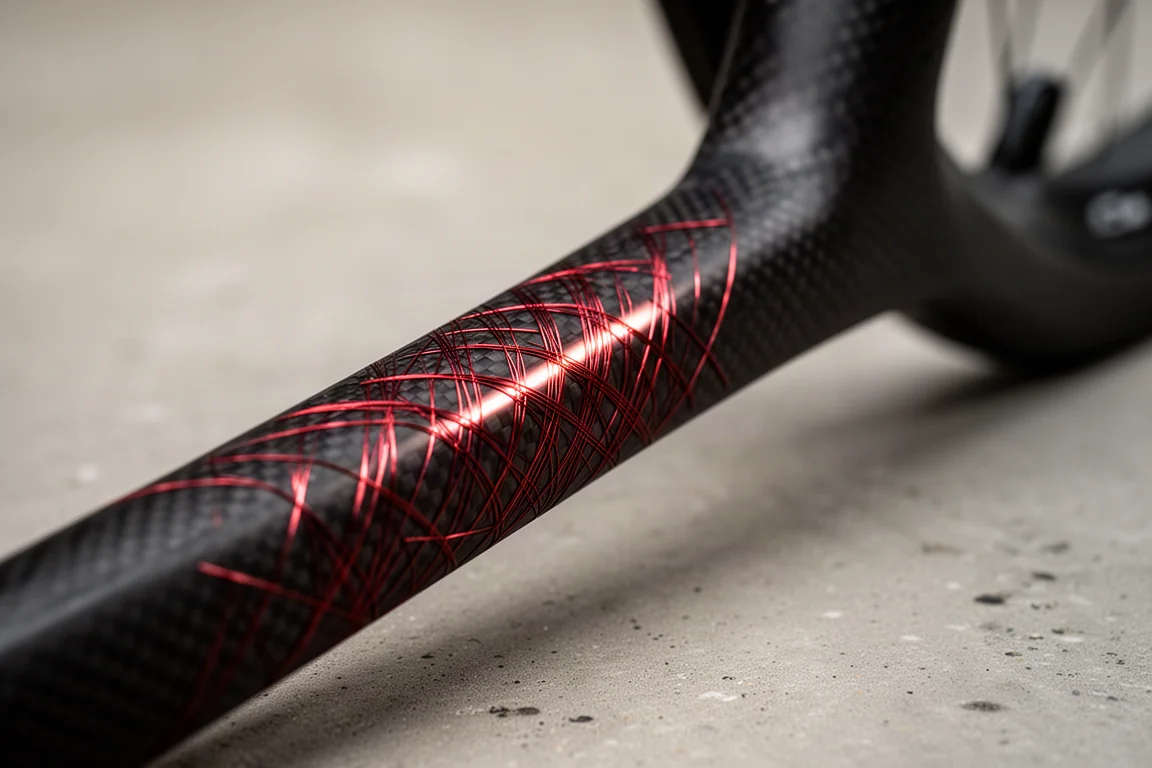 Primo piano del telaio in carbonio di una bici da strada personalizzata con filamento metallico rosso intrecciato nella superficie