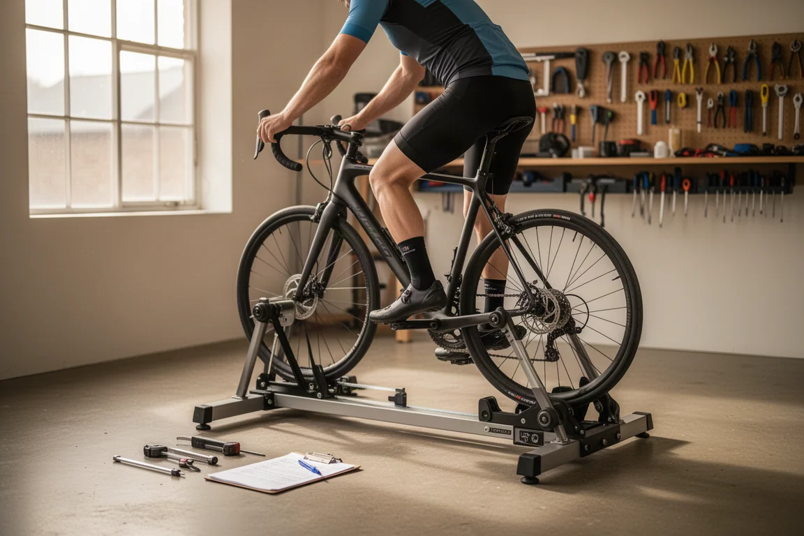 Mani che misurano un ciclista su un telaio di fitting in officina