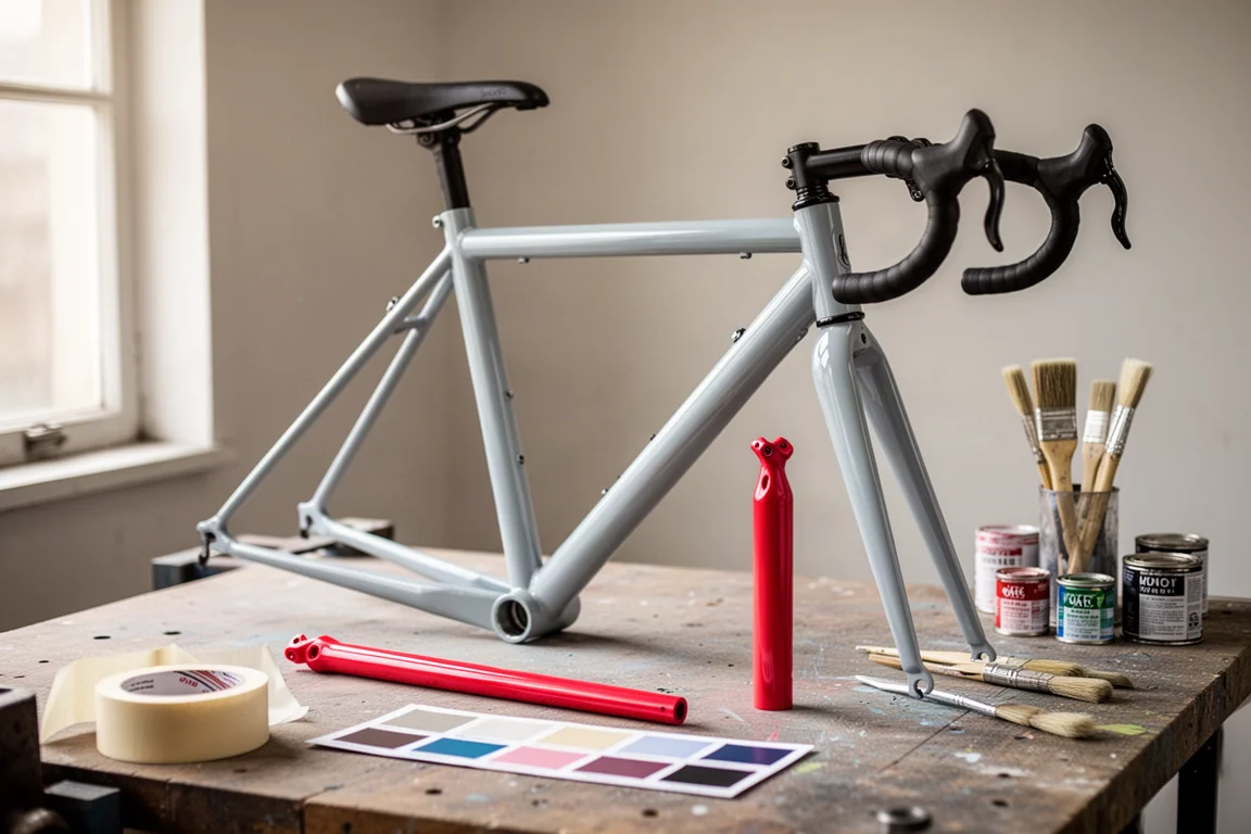 Telaio di bicicletta verniciato su misura con reggisella e manubrio coordinati su un banco da lavoro