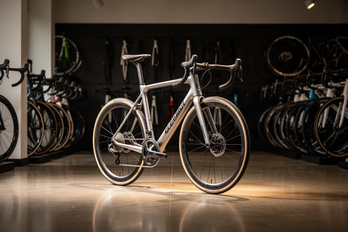 Bici da strada premium esposta in un negozio sotto una luce calda