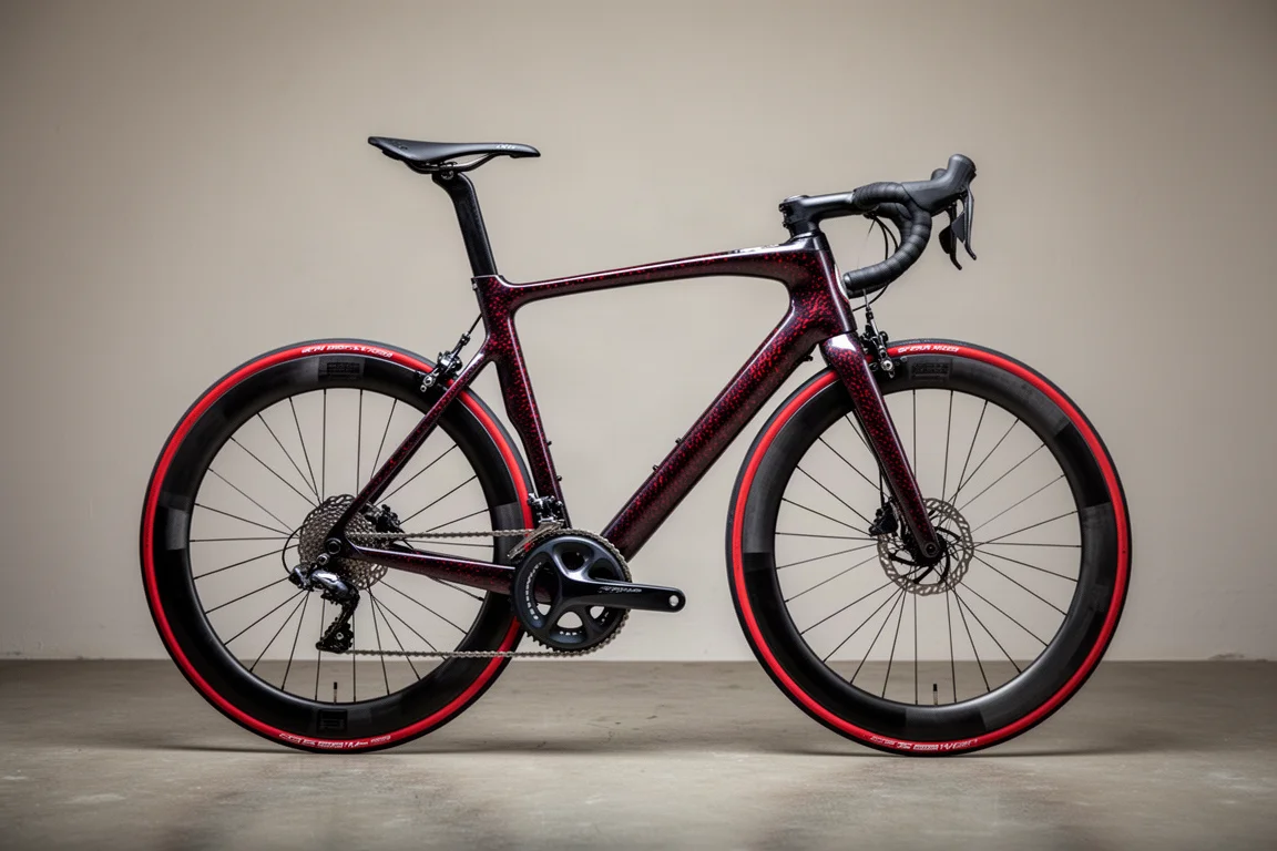 Bicicleta de carretera italiana personalizada con cuadro de carbono oscuro, acentos rojos y ruedas de perfil profundo sobre hormigón