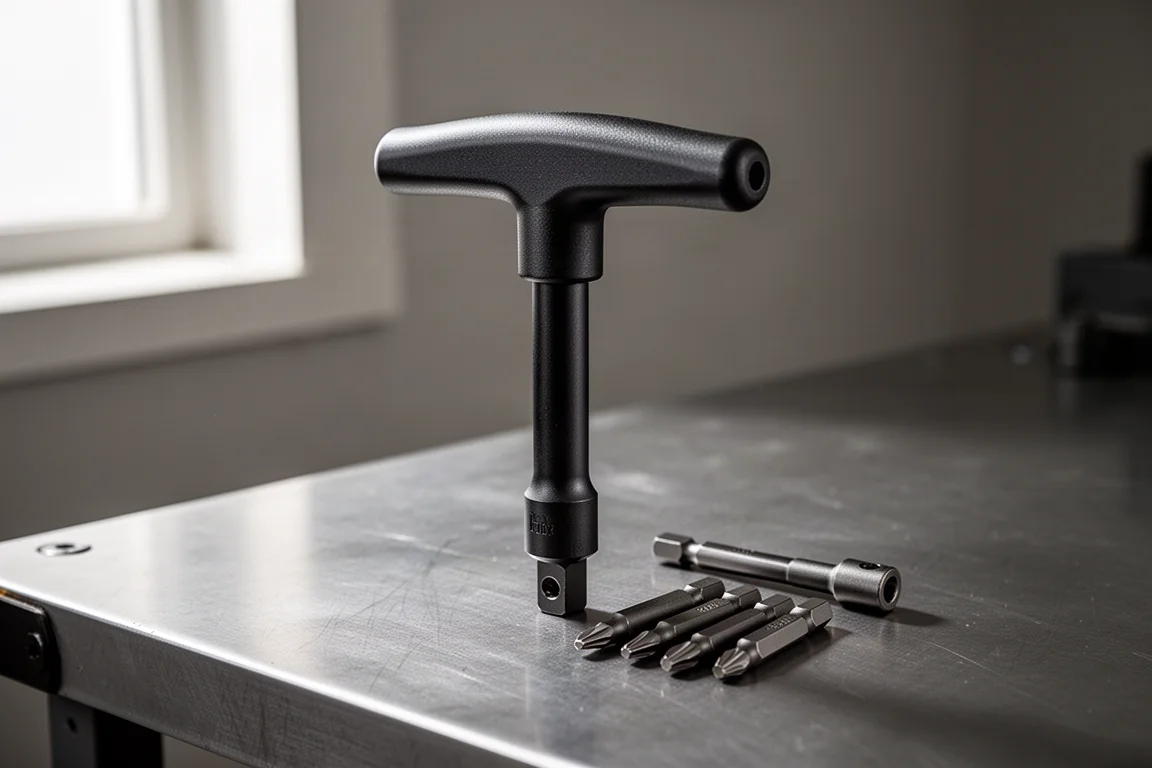 Matte black ratcheting T-handle screwdriver on a workbench with interchangeable bit shafts