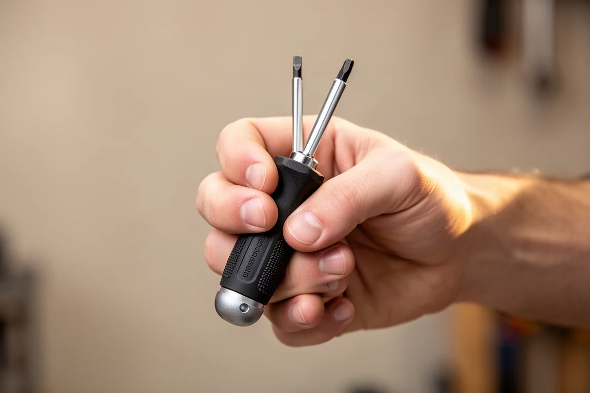 Compact stubby screwdriver held in a hand, showing the short rubberized handle